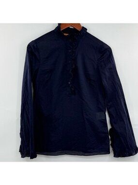 Tory Burch Women’s Size 2 Navy Ruffle Neck Blouse Cotton Sheer Long Sleeve Top